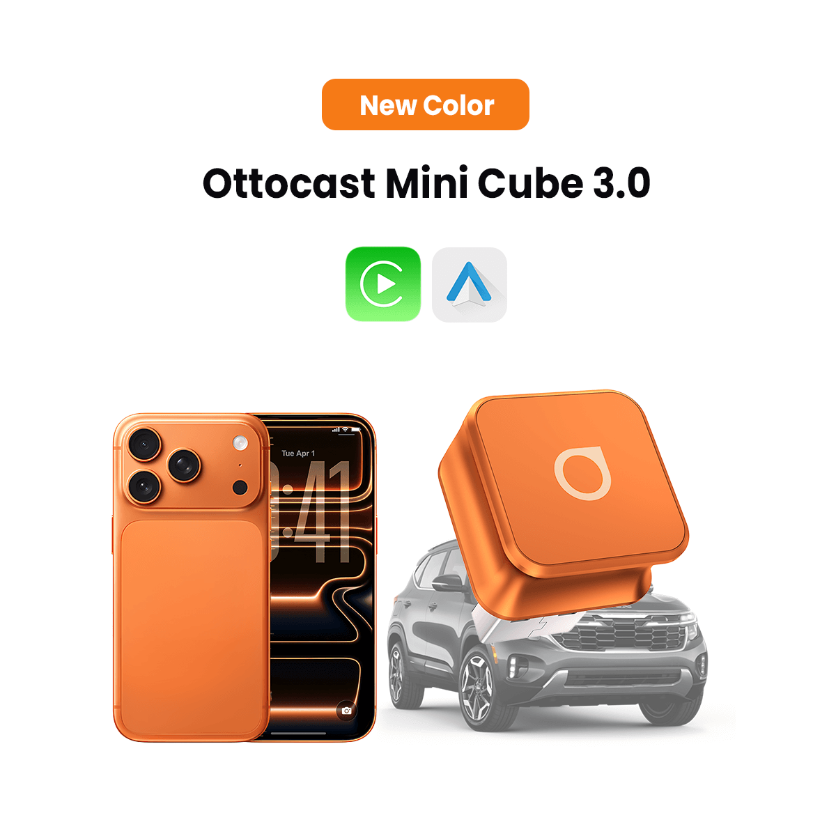 Ottocast Mini Cube 3.0 Adapter - Cosmic Orange | Wireless CarPlay & Android Auto Adapter
