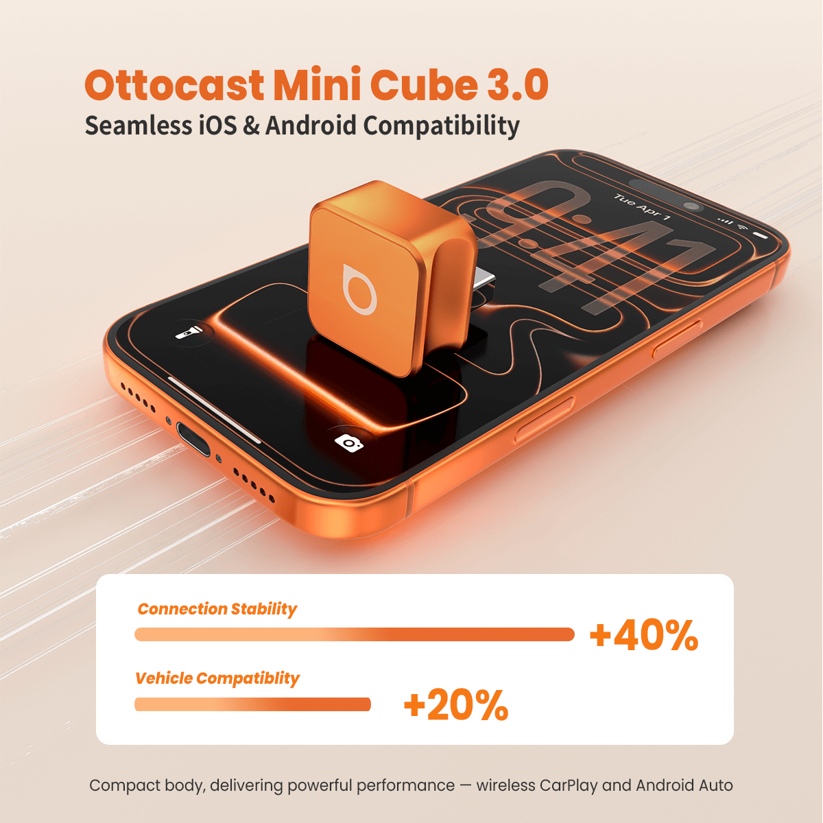 Ottocast Mini Cube 3.0 Adapter - Cosmic Orange | Wireless CarPlay & Android Auto Adapter